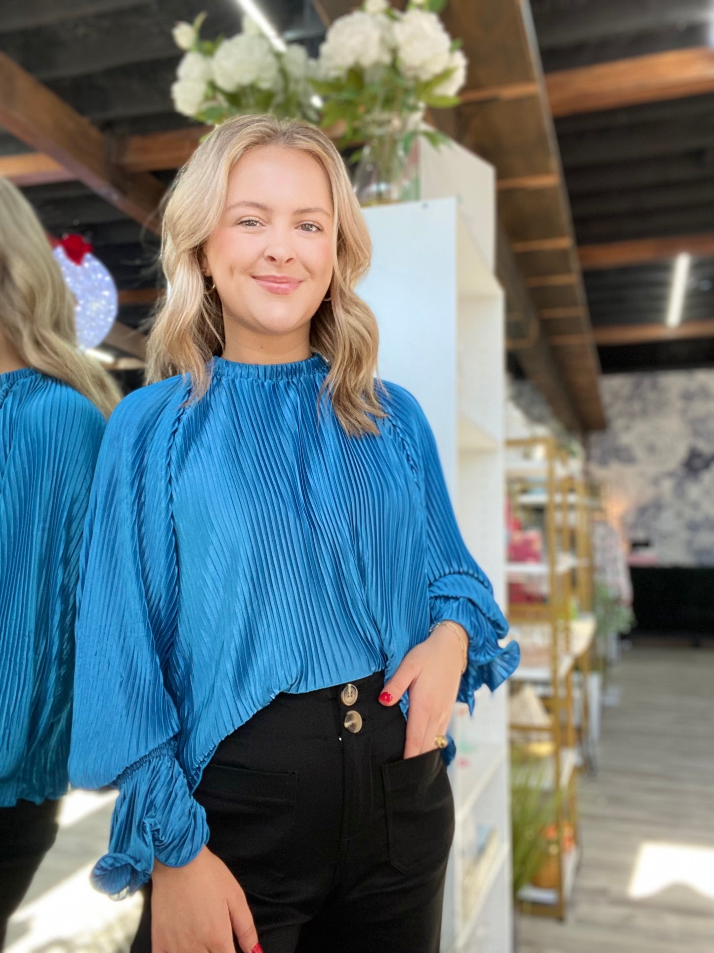 Teal Pleated Top