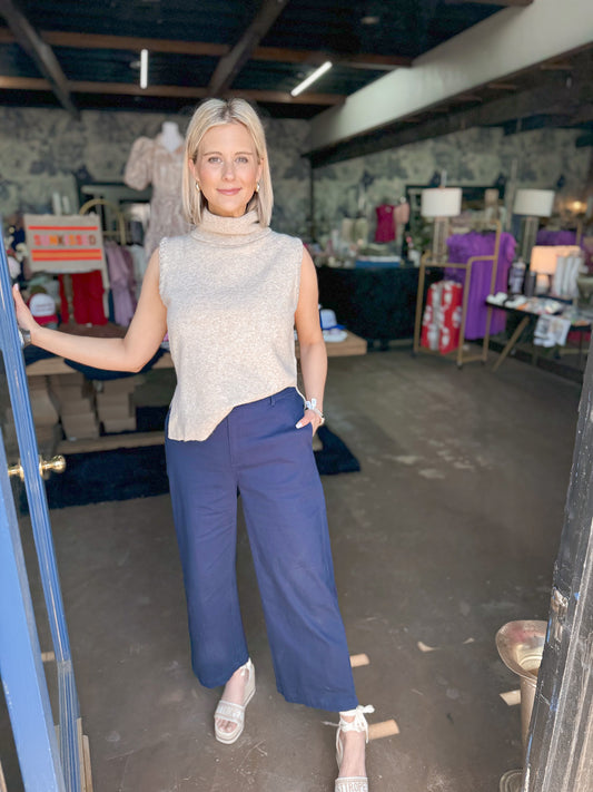 Navy Wide Leg Cropped Pants